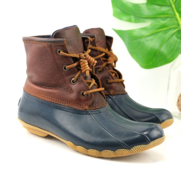 Sperry Shoes - Sperry Womens Saltwater Duck Boot Size 8 Navy Blue Rubber Brown Leather Zip Up